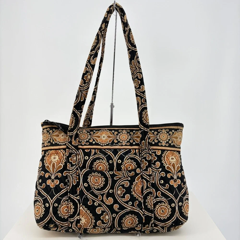 Vera Bradley Tote Bag & Wallet Set Caffe Latte Paisley Quilted Black Tan 15x9